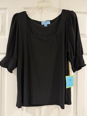 CeCe Black Scoop Neck Puff-Sleeve Women's Top